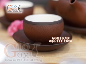 Bộ ấm chén dáng dẹt quai ngang gốm hồng sa, nâu chỉ đen 330ml