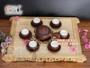 Bộ ấm chén dáng dẹt quai ngang gốm hồng sa, nâu chỉ đen 330ml