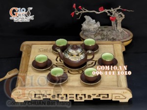 Bộ ấm chén gốm Tiếu anh nâu bọc đồng 350ml