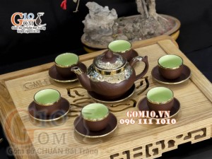 Bộ ấm chén gốm Tiếu anh nâu bọc đồng 350ml