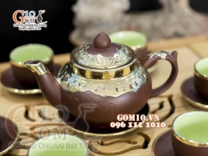 Bộ ấm chén gốm Tiếu anh nâu bọc đồng 350ml