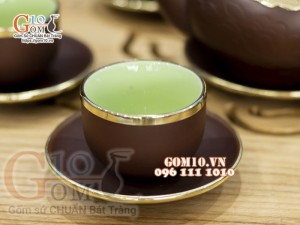 Bộ ấm chén gốm Tiếu anh nâu bọc đồng 350ml