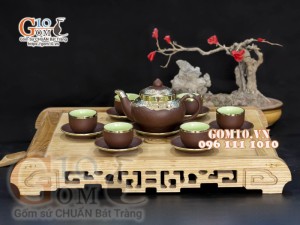 Bộ ấm chén gốm Tiếu anh nâu bọc đồng 350ml