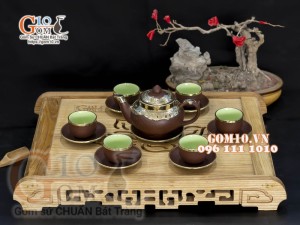 Bộ ấm chén gốm Tiếu anh nâu bọc đồng 350ml