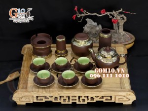 Bộ ấm chén gốm Tiếu anh nâu bọc đồng, đầy đủ phụ kiện 350ml