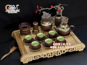 Bộ ấm chén gốm Tiếu anh nâu bọc đồng, đầy đủ phụ kiện 350ml