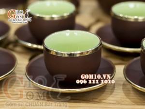 Bộ ấm chén gốm Tiếu anh nâu bọc đồng, đầy đủ phụ kiện 350ml