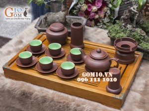 Bộ ấm chén gốm Tiếu anh nâu, chén lòng xanh, đầy đủ phụ kiện