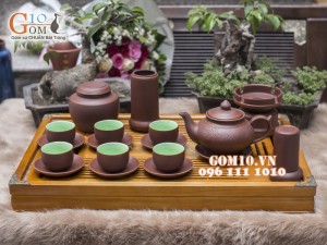 Bộ ấm chén gốm Tiếu anh nâu, chén lòng xanh, đầy đủ phụ kiện