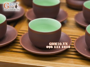 Bộ ấm chén gốm Tiếu anh nâu, chén lòng xanh, đầy đủ phụ kiện