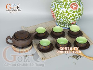 Bộ ấm chén dáng dẹt gốm hồng sa, khắc sao vàng, 300ml