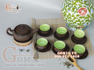 Bộ ấm chén dáng dẹt gốm hồng sa, khắc sao vàng, 300ml