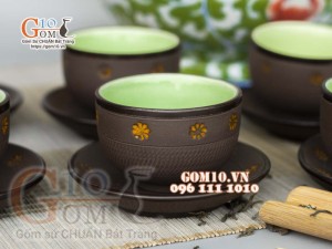 Bộ ấm chén dáng dẹt gốm hồng sa, khắc sao vàng, 300ml