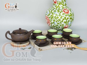 Bộ ấm chén dáng dẹt gốm hồng sa, khắc sao vàng, 300ml