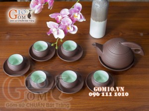 Bộ ấm chén gốm tròn, chén lòng xanh 350ml