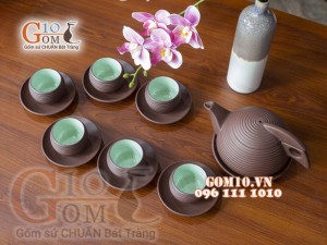 Bộ ấm chén gốm tròn, chén lòng xanh 350ml