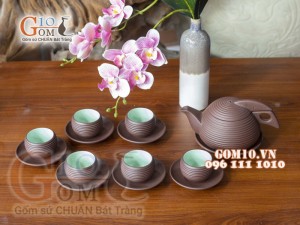 Bộ ấm chén gốm tròn, chén lòng xanh 350ml