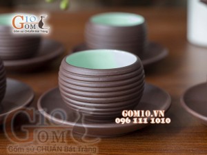 Bộ ấm chén gốm tròn, chén lòng xanh 350ml