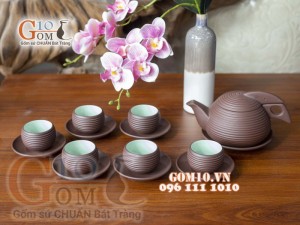 Bộ ấm chén gốm tròn, chén lòng xanh 350ml