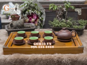 Bộ ấm chén gốm Trúc đào nâu, chén lòng xanh