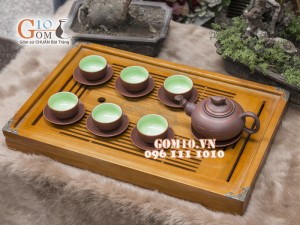 Bộ ấm chén gốm Trúc đào nâu, chén lòng xanh