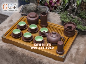 Bộ ấm chén gốm Trúc đào nâu, chén lòng xanh, đẩy đủ phụ kiện