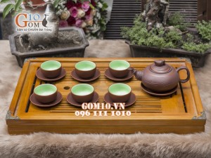 Bộ ấm chén gốm Trúc đào nâu, chén lòng xanh