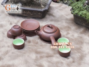 Bộ ấm chén gốm Trúc nâu, chén lòng xanh