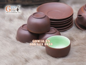 Bộ ấm chén gốm Trúc nâu, chén lòng xanh