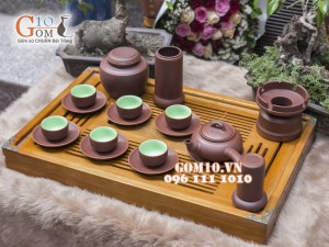 Bộ ấm chén gốm Trúc nâu, chén lòng xanh, đầy đủ phụ kiện