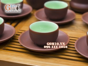 Bộ ấm chén gốm Trúc nâu, chén lòng xanh, đầy đủ phụ kiện