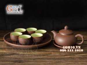 Bộ ấm chén gốm tử sa dáng chuông chỉ đỏ, khay tròn