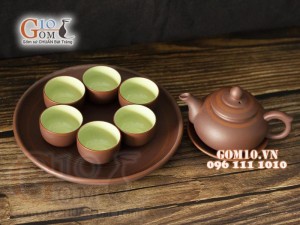Bộ ấm chén gốm tử sa dáng chuông chỉ đỏ, khay tròn