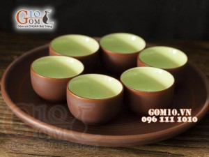 Bộ ấm chén gốm tử sa dáng chuông chỉ đỏ, khay tròn