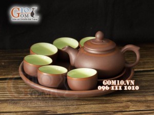 Bộ ấm chén gốm tử sa dáng chuông chỉ đỏ, khay tròn