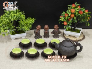 Bộ ấm chén gốm tử sa đen khắc Chim hoa 380ml