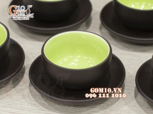Bộ ấm chén gốm tử sa đen khắc Chim hoa 380ml