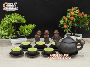 Bộ ấm chén gốm tử sa đen khắc Chim hoa 380ml