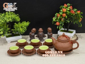 Bộ ấm chén gốm tử sa đỏ khắc Cánh sen 380ml