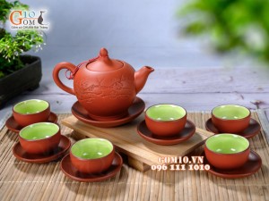 Bộ ấm chén gốm tử sa khắc hoa đào đỏ