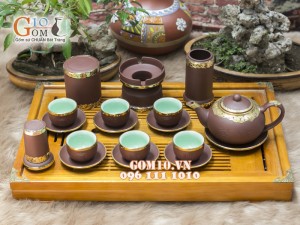 Bộ Ấm Chén Gốm Tử Sa Tống Phúc - Lộc - Thọ, Men nâu, Bọc Đồng, Đầy Đủ Phụ Kiện