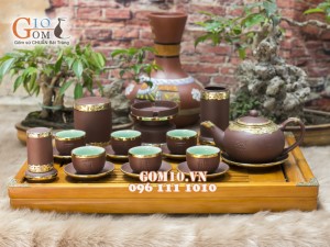 Bộ Ấm Chén Gốm Tử Sa Tống Phúc - Lộc - Thọ, Men nâu, Bọc Đồng, Đầy Đủ Phụ Kiện
