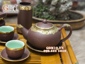 Bộ Ấm Chén Gốm Tử Sa Tống Phúc - Lộc - Thọ, Men nâu, Bọc Đồng, Đầy Đủ Phụ Kiện