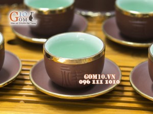 Bộ Ấm Chén Gốm Tử Sa Tống Phúc - Lộc - Thọ, Men nâu, Bọc Đồng, Đầy Đủ Phụ Kiện