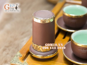 Bộ Ấm Chén Gốm Tử Sa Tống Phúc - Lộc - Thọ, Men nâu, Bọc Đồng, Đầy Đủ Phụ Kiện