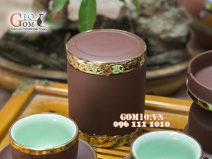 Bộ Ấm Chén Gốm Tử Sa Tống Phúc - Lộc - Thọ, Men nâu, Bọc Đồng, Đầy Đủ Phụ Kiện