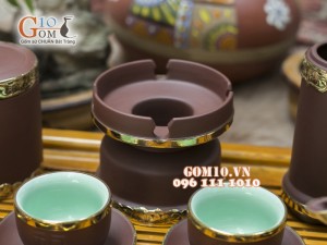 Bộ Ấm Chén Gốm Tử Sa Tống Phúc - Lộc - Thọ, Men nâu, Bọc Đồng, Đầy Đủ Phụ Kiện