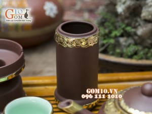 Bộ Ấm Chén Gốm Tử Sa Tống Phúc - Lộc - Thọ, Men nâu, Bọc Đồng, Đầy Đủ Phụ Kiện