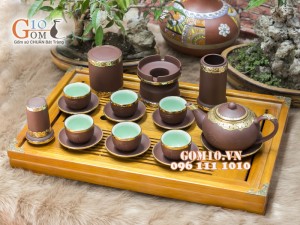 Bộ Ấm Chén Gốm Tử Sa Tống Phúc - Lộc - Thọ, Men nâu, Bọc Đồng, Đầy Đủ Phụ Kiện