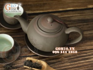 Bộ ấm chén gốm tử sa tống Phúc - Lộc - Thọ, men rêu 350ml